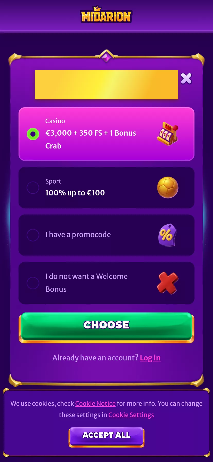 Mobile screen. Midarion Up to $3000 + 350 FS + 1 Bonus Crab