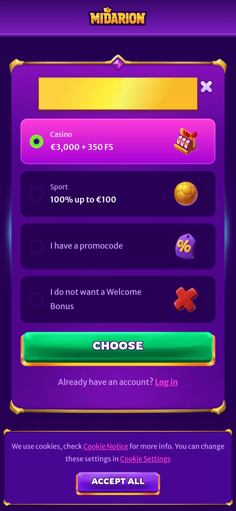 Mobile screen. Midarion Up to €3000 + 350 + 1 Bonus Crab