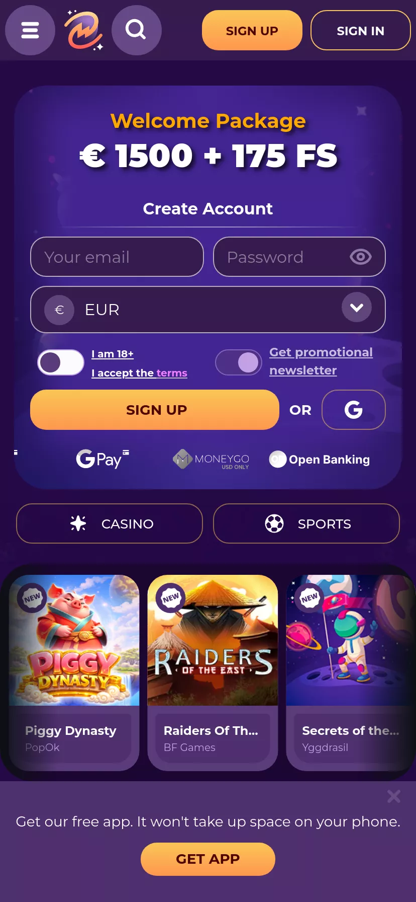 Mobile screen. MilkyWay Casino Up to $1500 + 175 FS