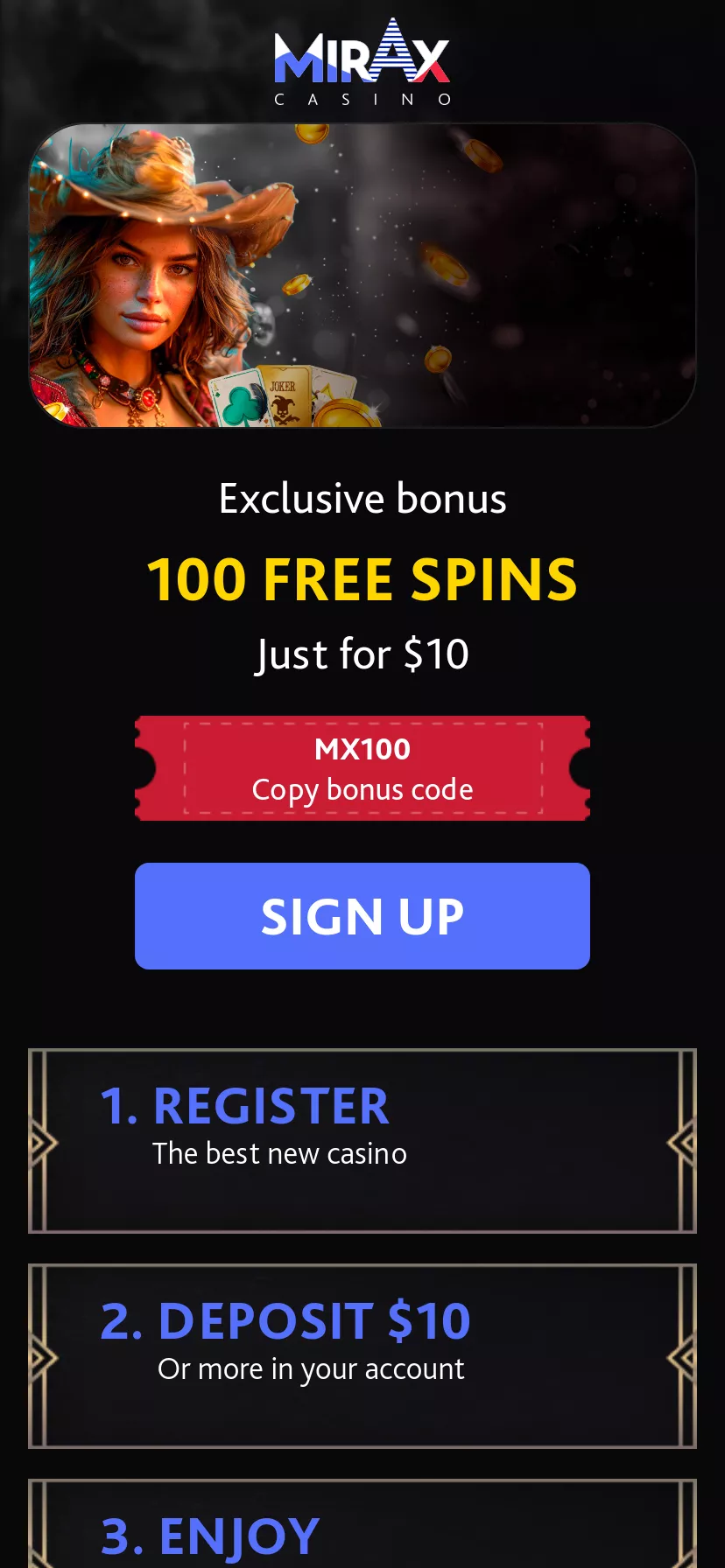 Mobile screen. Mirax Casino Get 100 Free Spins