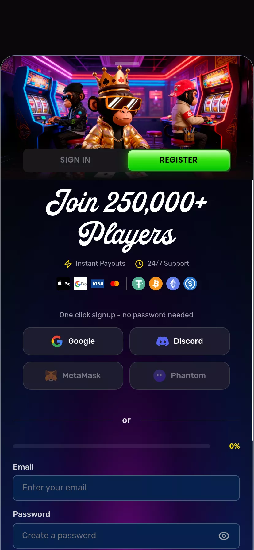Mobile screen. MonkeyTilt 500% up to $10000