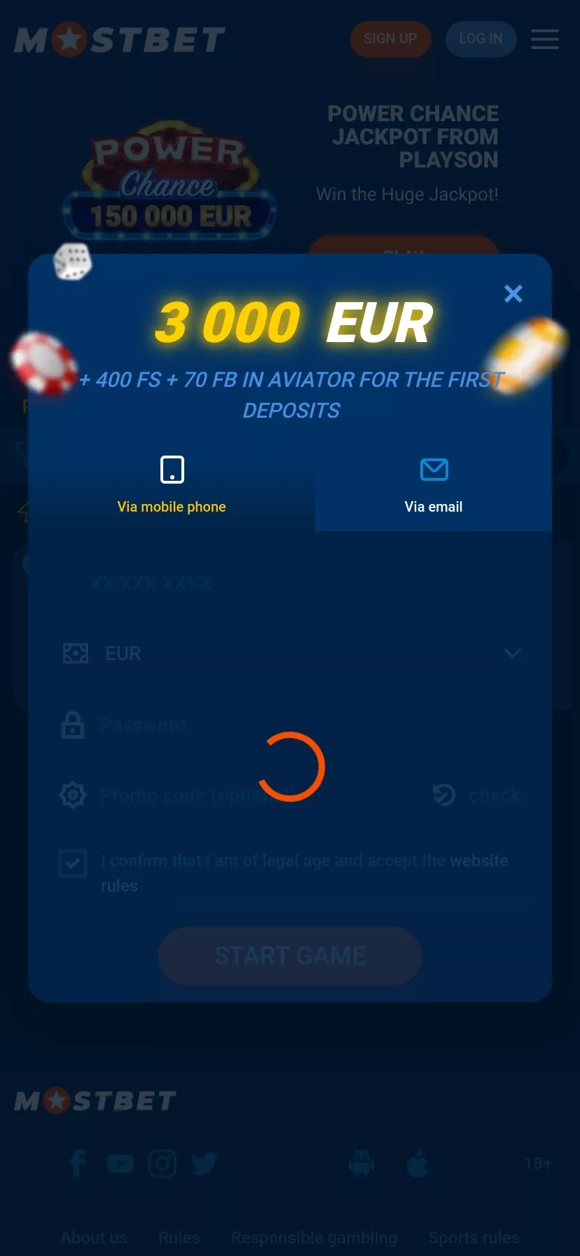 Mobile screen. Mostbet Up to €3000 + 470 FS