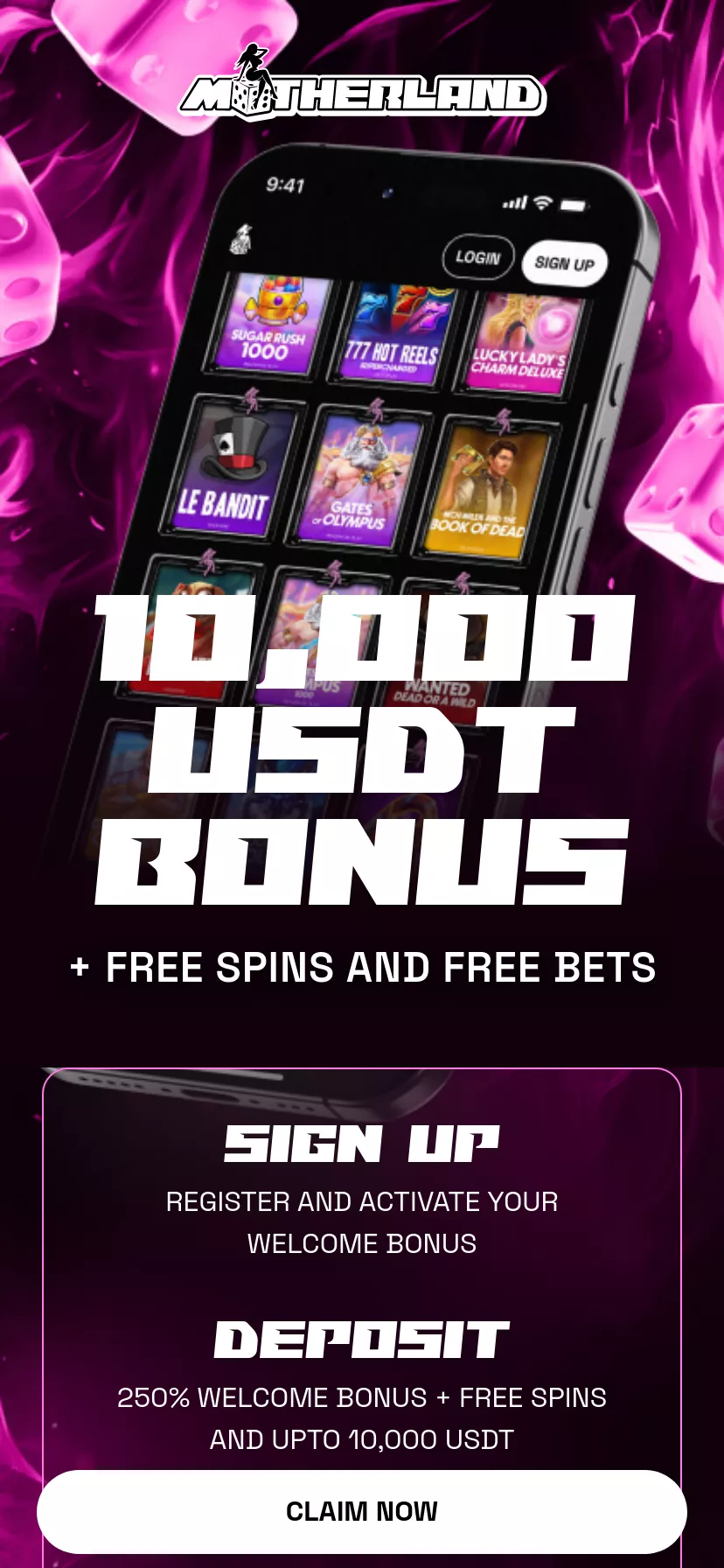 Mobile screen. Motherland Casino 250% up to ₮10000 + 50 FS