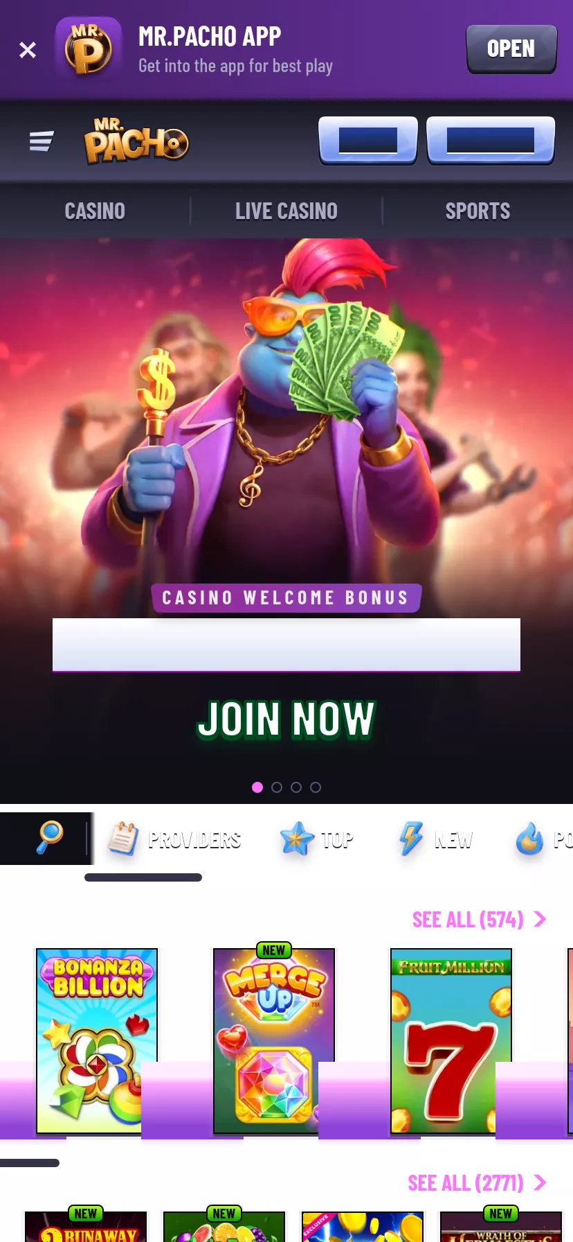 Mobile screen. Mr.Pacho Casino 100% up to $500 + 200 FS
