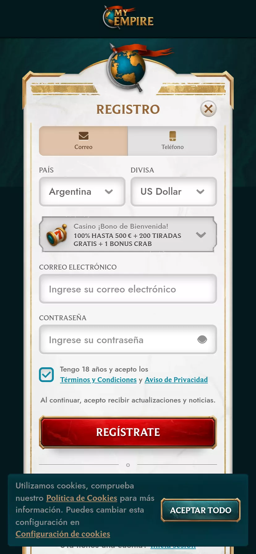 Mobile screen. MyEmpire 100% up to $500 + 200 FS + 1 Bonus Crab