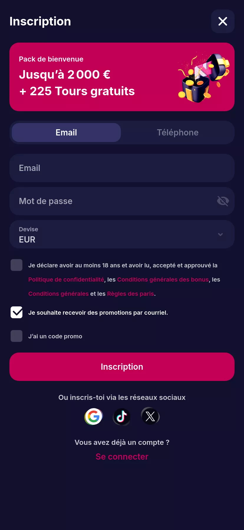 Mobile screen. NV Casino Up to €2000 + 225 FS