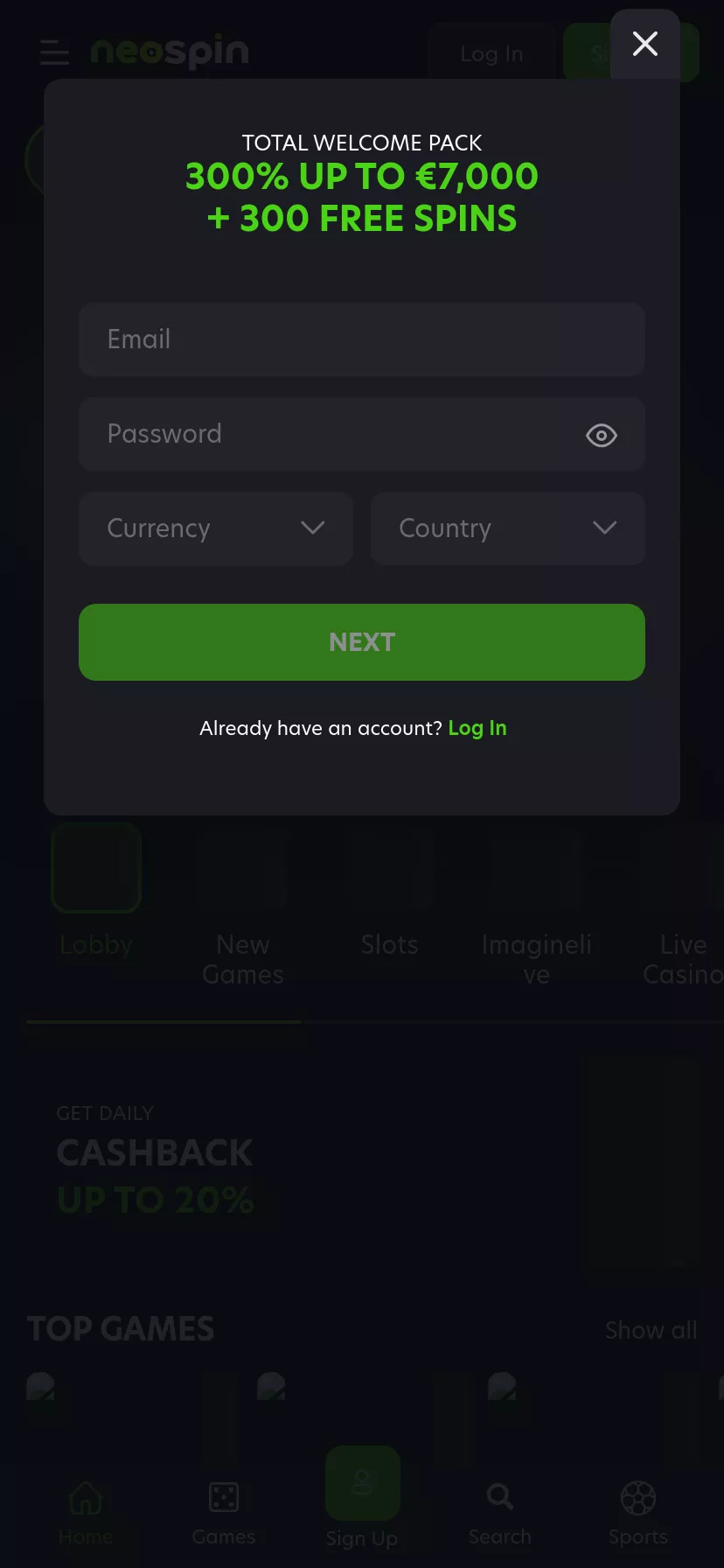 Mobile screen. Neospin Casino 100% up to $7000 + 100 FS