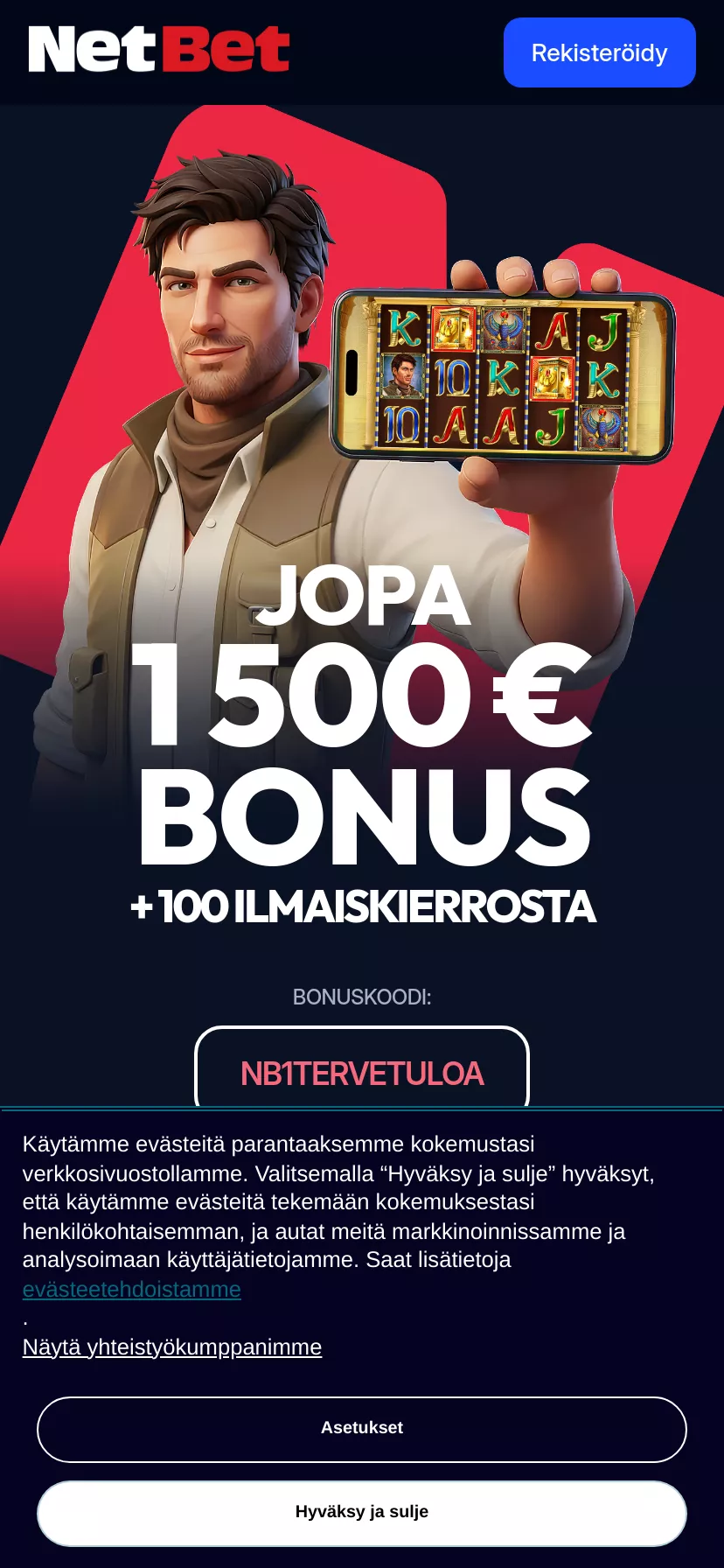 Mobile screen. NetBet 100% up to €500 + 500 FS
