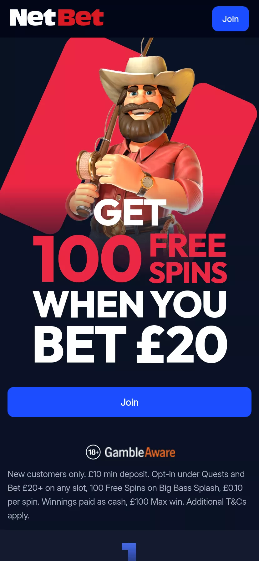 Mobile screen. NetBet Get 100 FS
