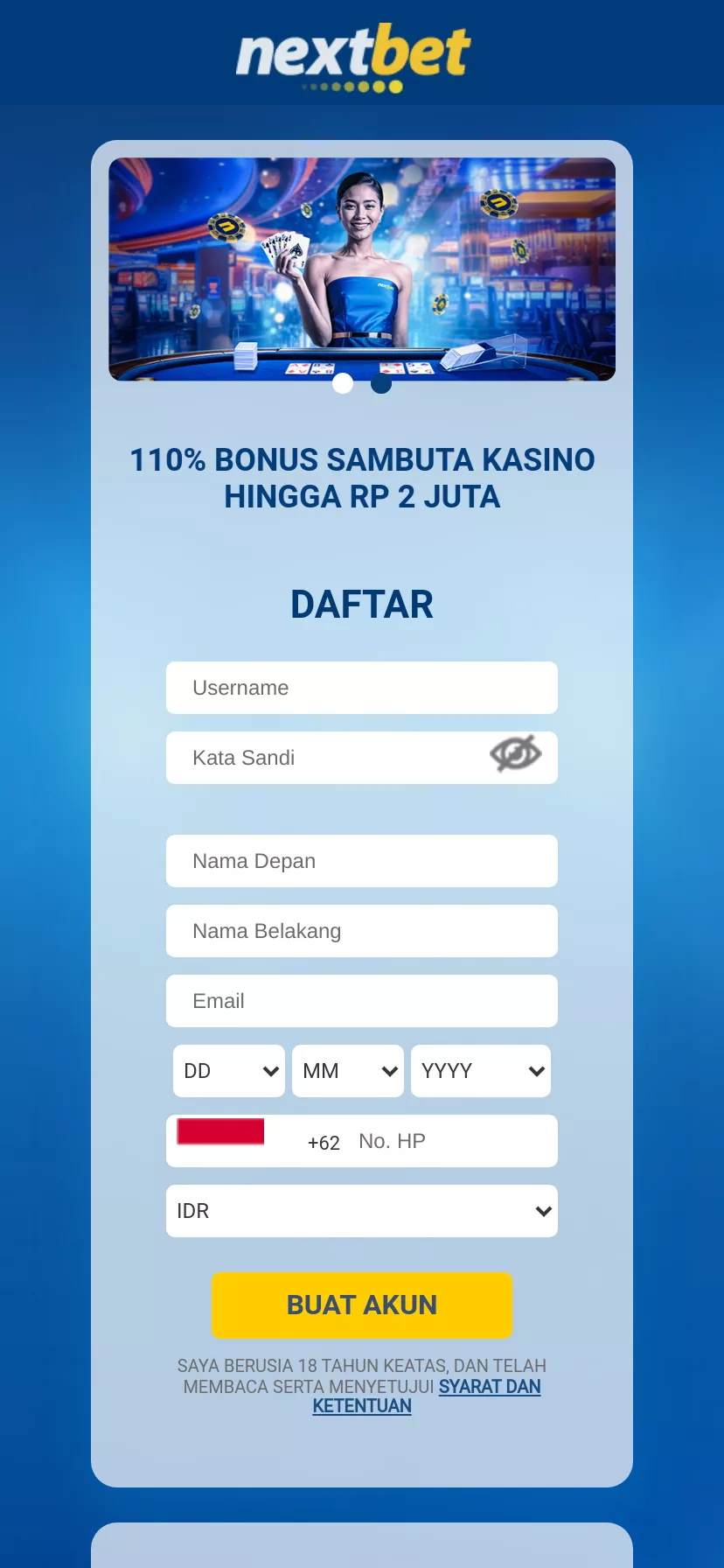 Mobile screen. NextBet 110% up to Rp2,000,000