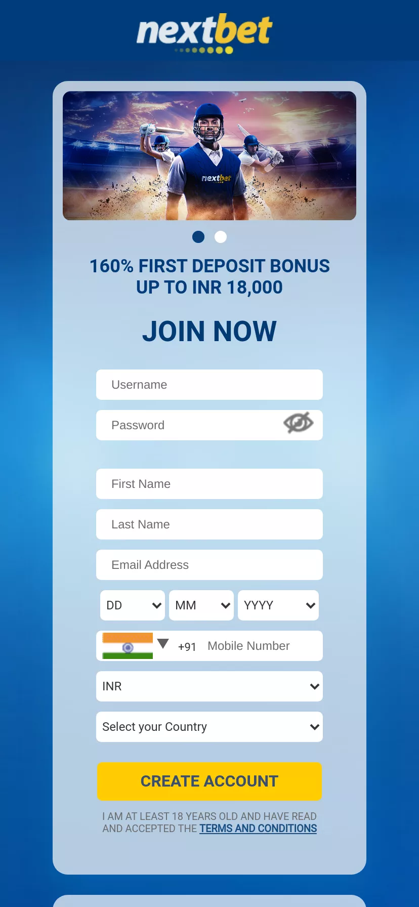 Mobile screen. NextBet 110% up to ₹15000