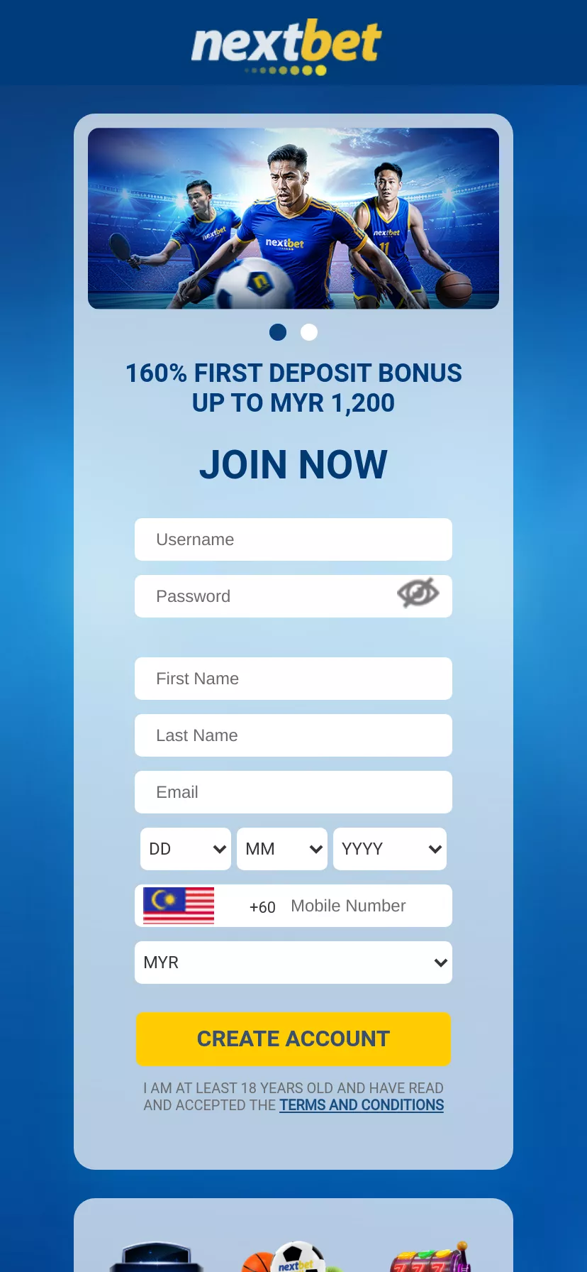 Mobile screen. NextBet 110% up to RM1100