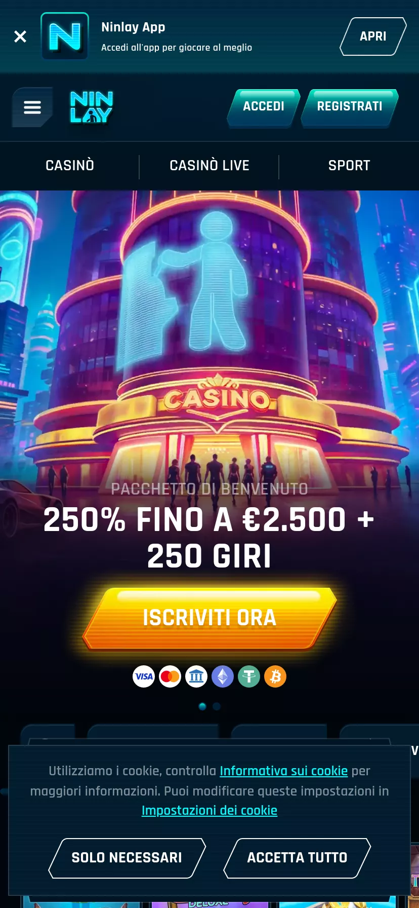 Mobile screen. Ninlay Casino 250% up to $2500 + 250 FS + 1 Bonus Crab