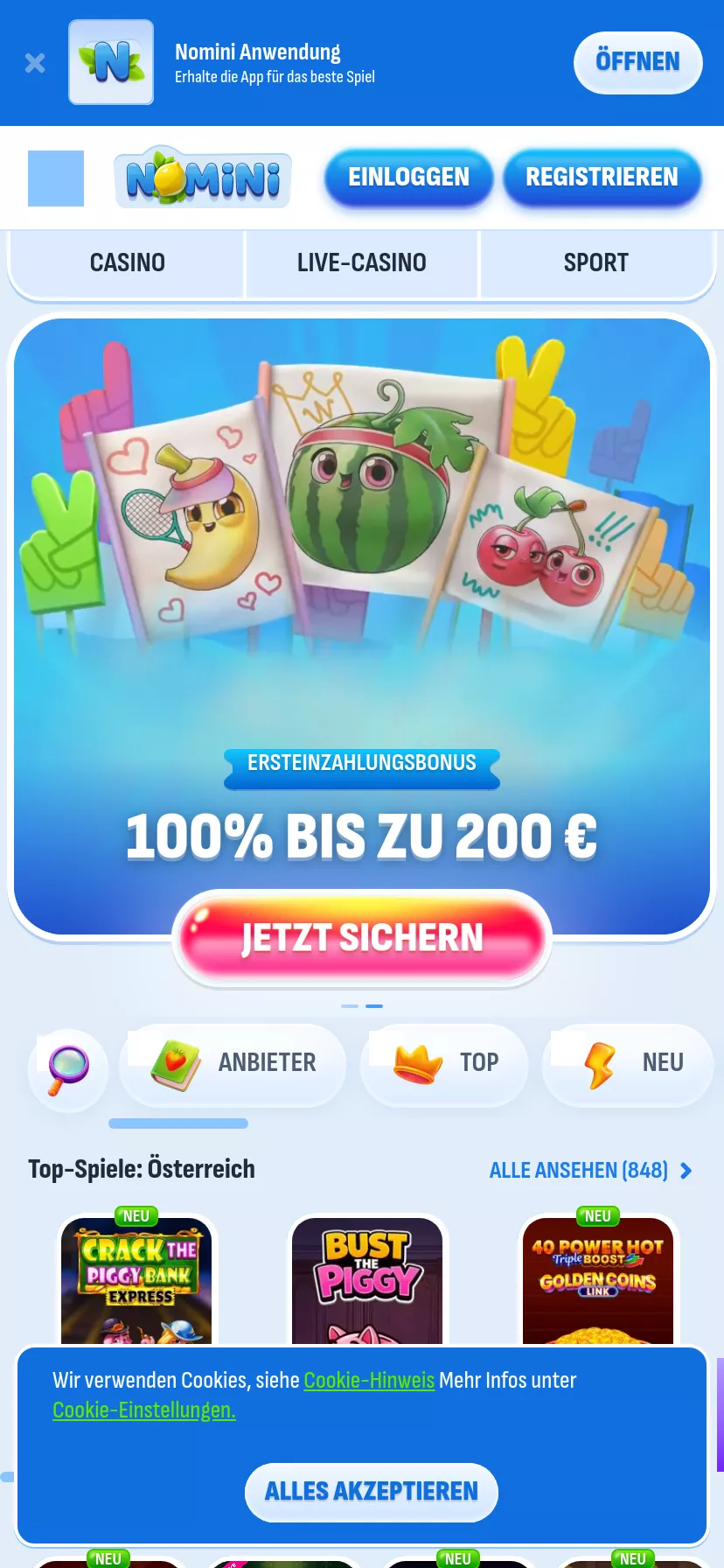 Mobile screen. Nomini 100% bis zu €500 + 200 FS + 1 Bonus Crab