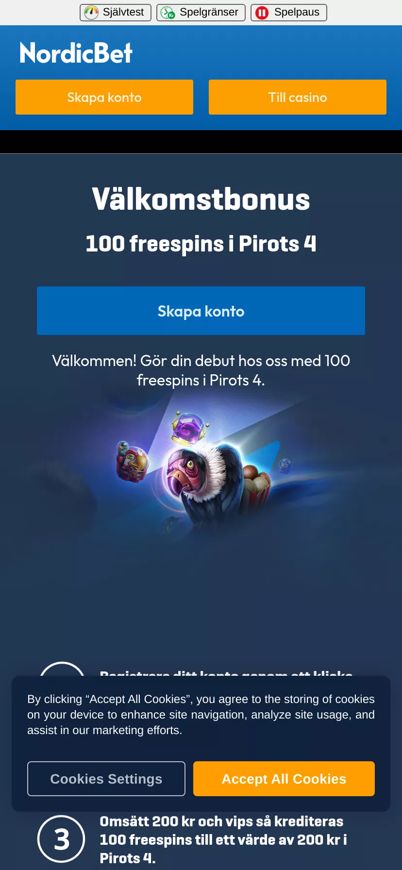 Mobile screen. Nordicbet Upp til 100 FS