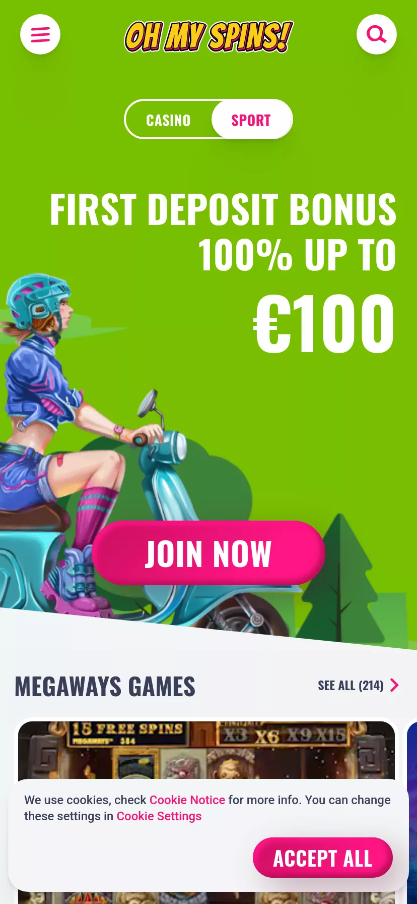 Mobile screen. OhMySpins 100% up to $500 + 200 FS