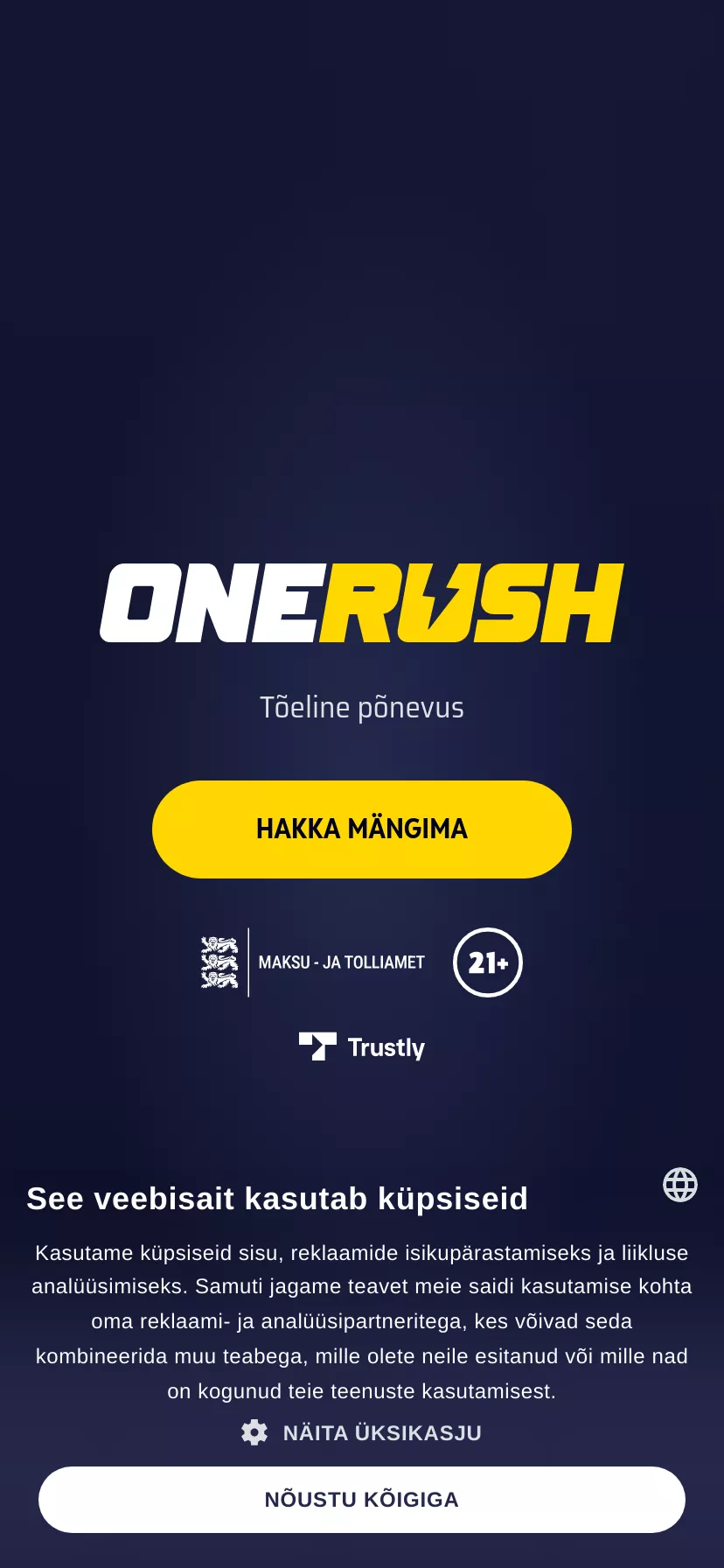 Mobile screen. One Rush 100% up to €100