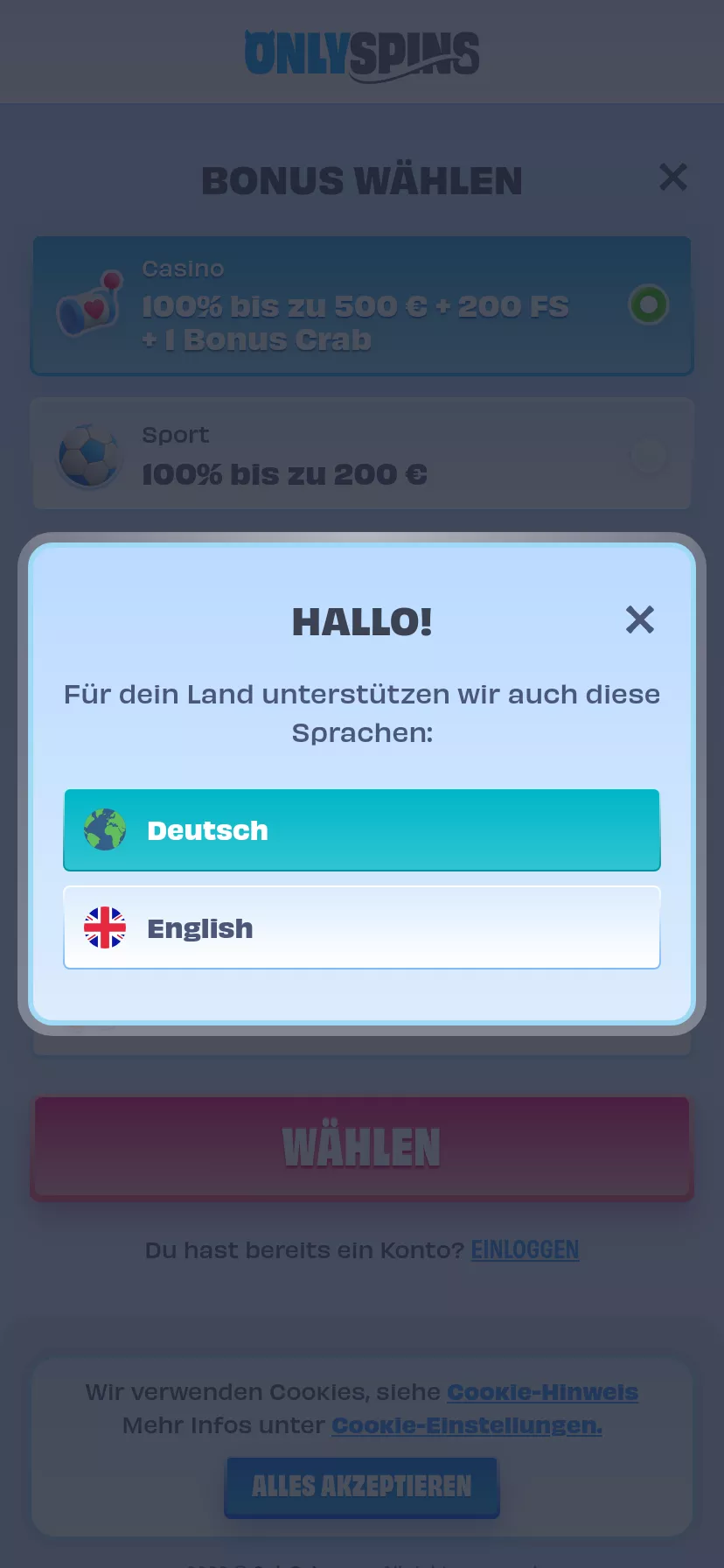 Mobile screen. OnlySpins 100% μέχρι και €500 + 200 FS + 1 Bonus Crab