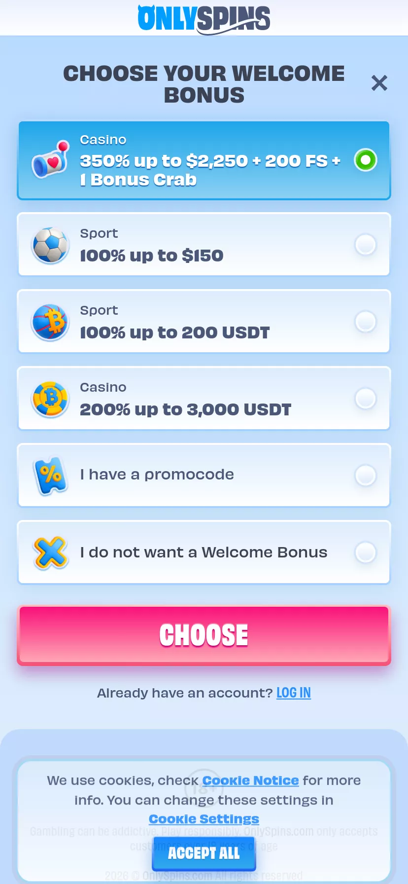 Mobile screen. OnlySpins 100% up to A$750 + 200 FS + 1 Bonus Crab