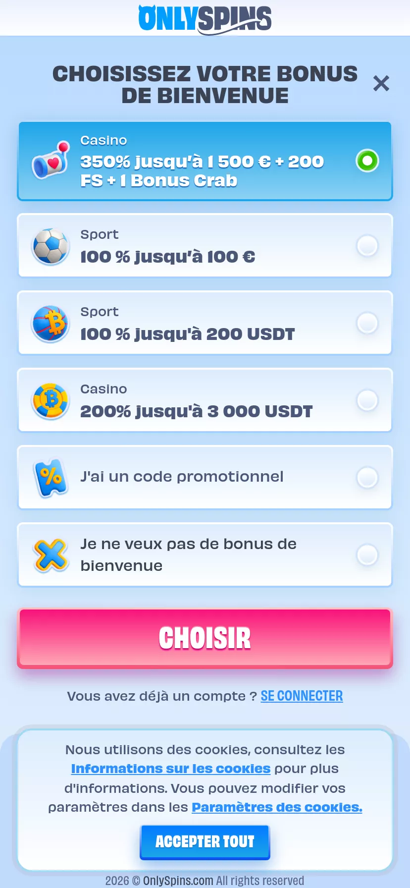 Mobile screen. OnlySpins 100% up to €500 + 200 FS + 1 Bonus Crab