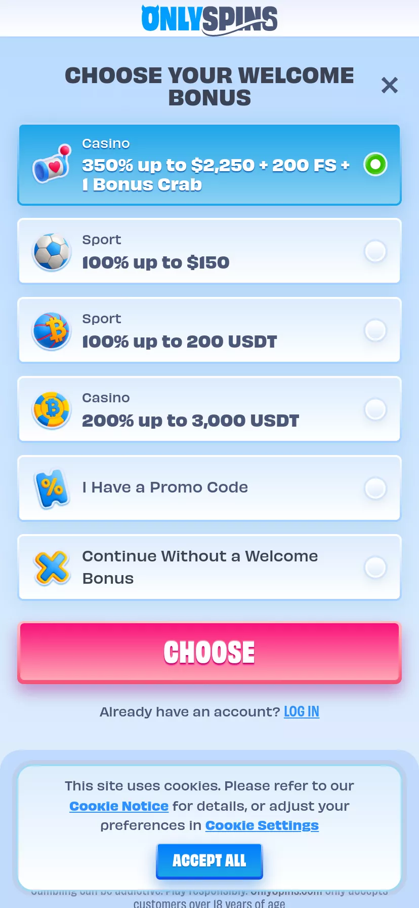 Mobile screen. OnlySpins 100% up to C$750 + 200 FS + 1 Bonus Crab