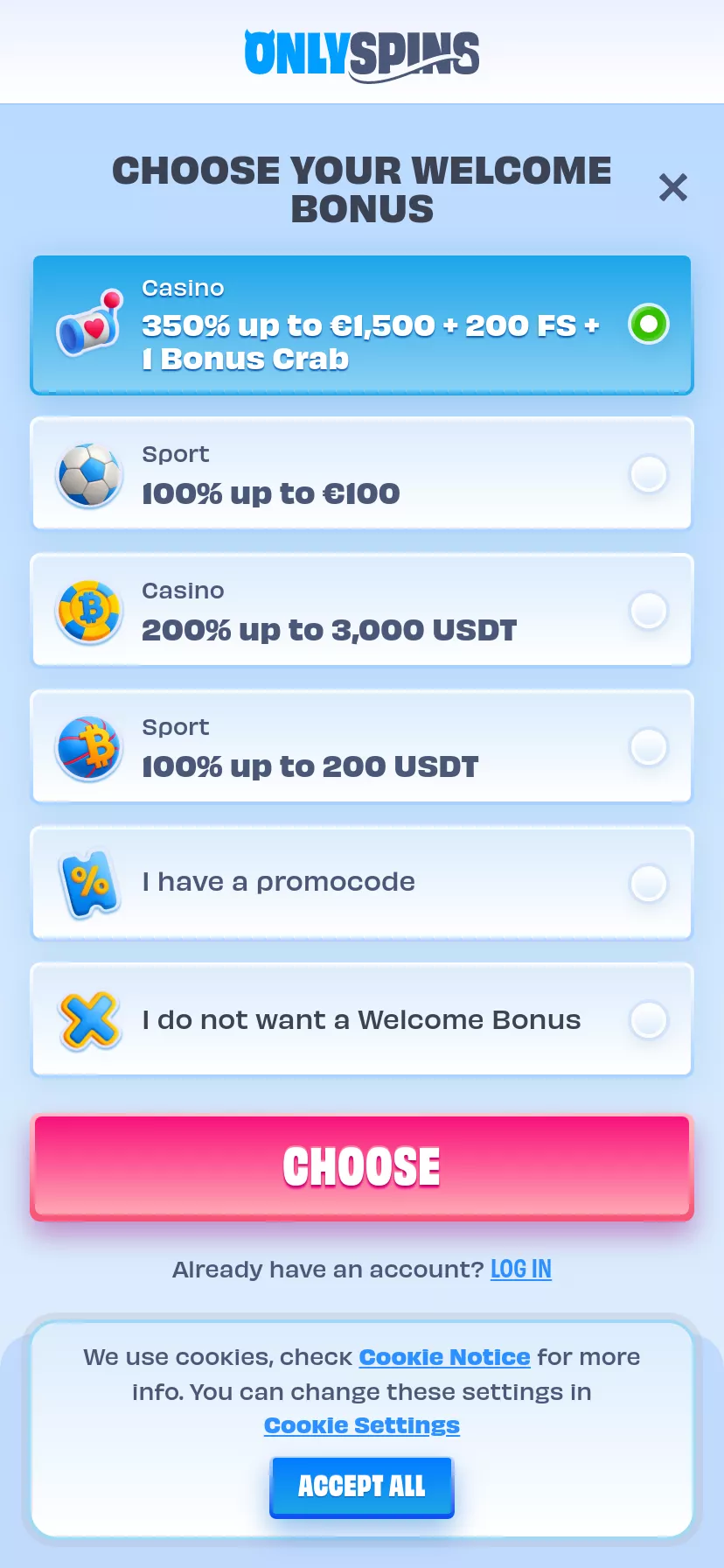 Mobile screen. OnlySpins 100% up to $500 + 200 FS + 1 Bonus Crab