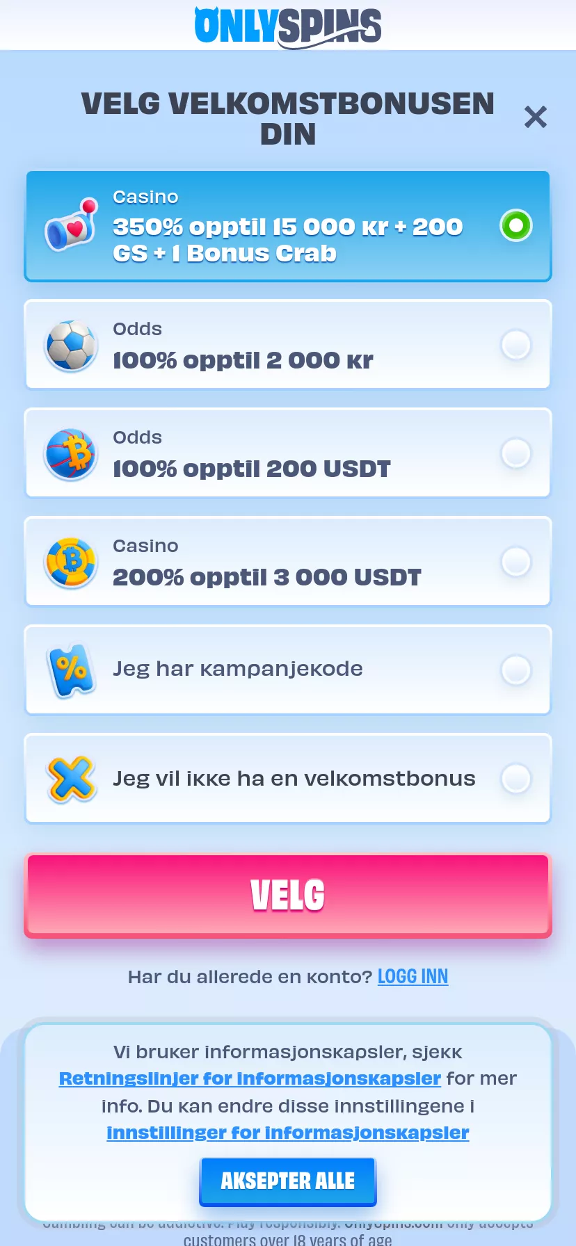 Mobile screen. OnlySpins 100% up to kr5000 + 200 FS + 1 Bonus Crab