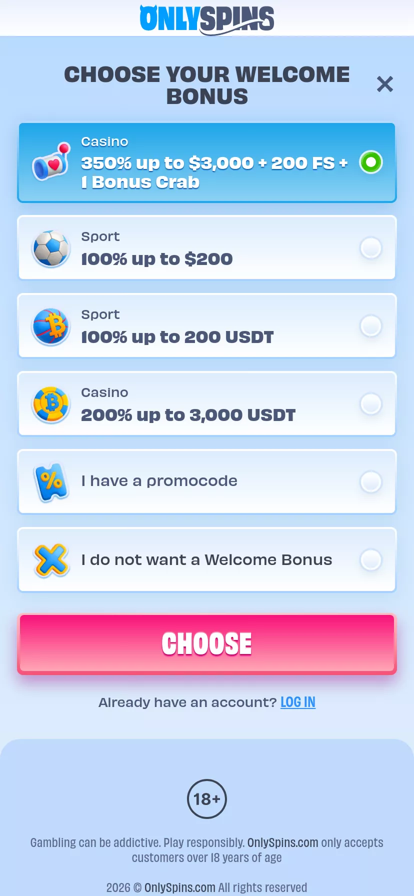 Mobile screen. OnlySpins 100% up to NZ$1000 + 200 FS + 1 Bonus Crab