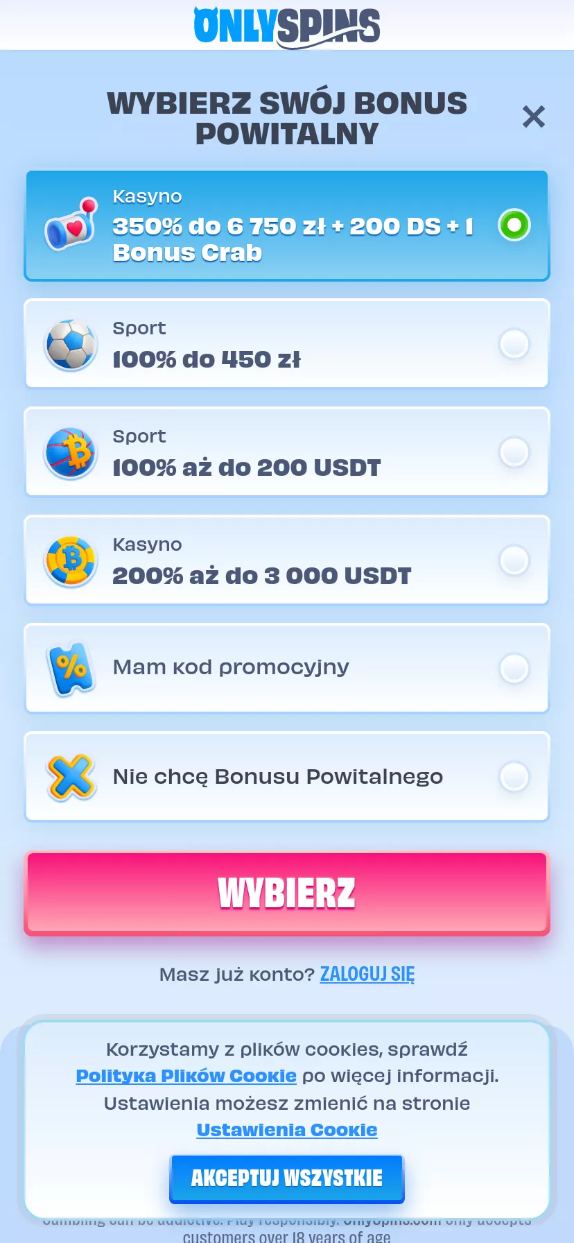 Mobile screen. OnlySpins 100% up to zł2250 + 200 FS + 1 Bonus Crab