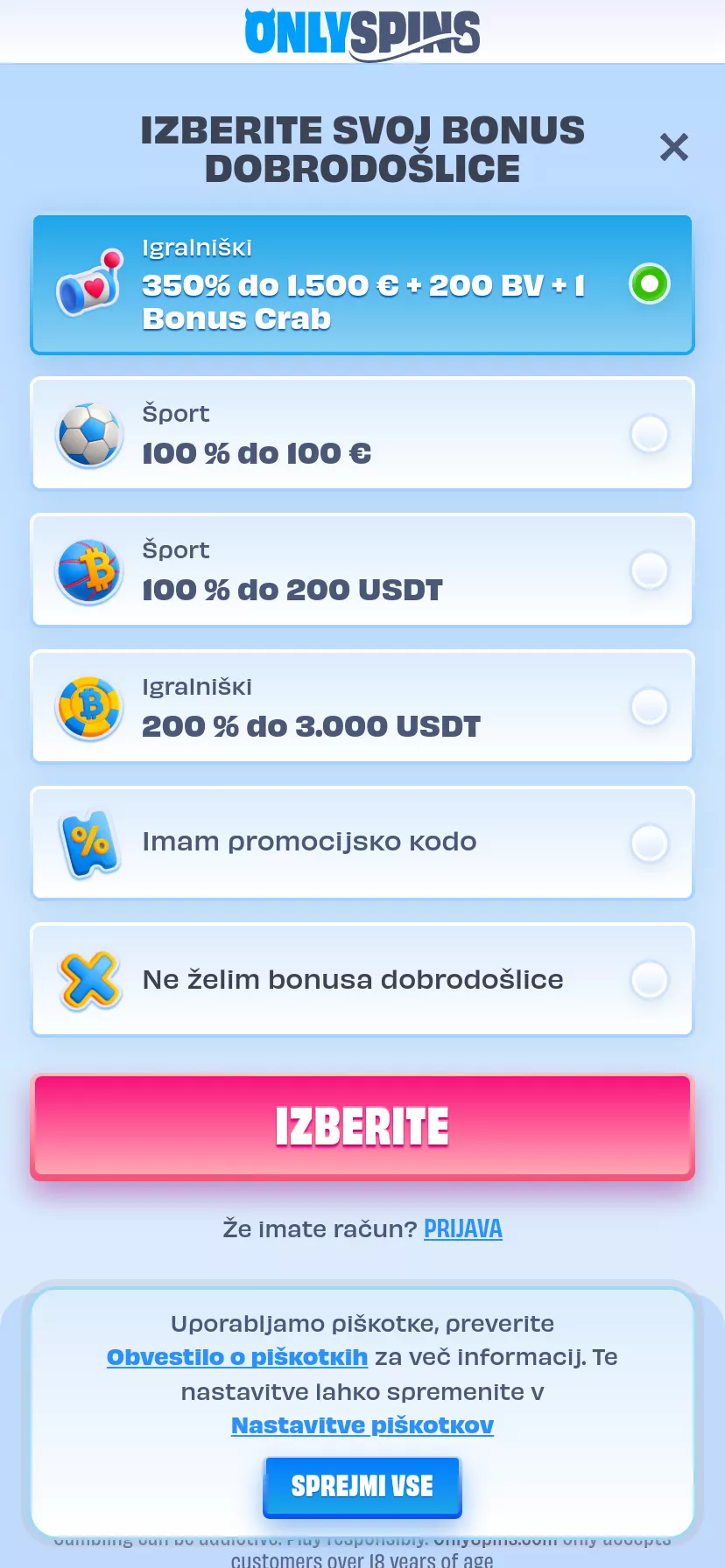 Mobile screen. OnlySpins 100% up to €500 + 200 FS + 1 Bonus Crab