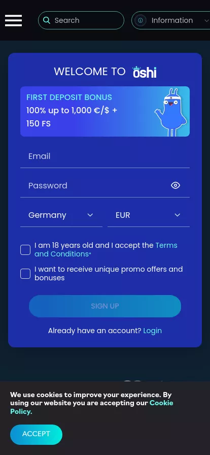 Mobile screen. Oshi Casino Bis zu €4000 + 200 FS