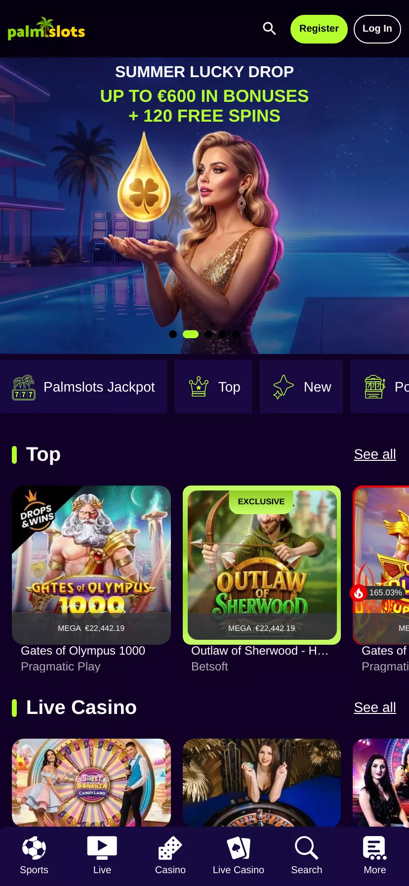 Mobile screen. PalmSlots Casino Up to $1000