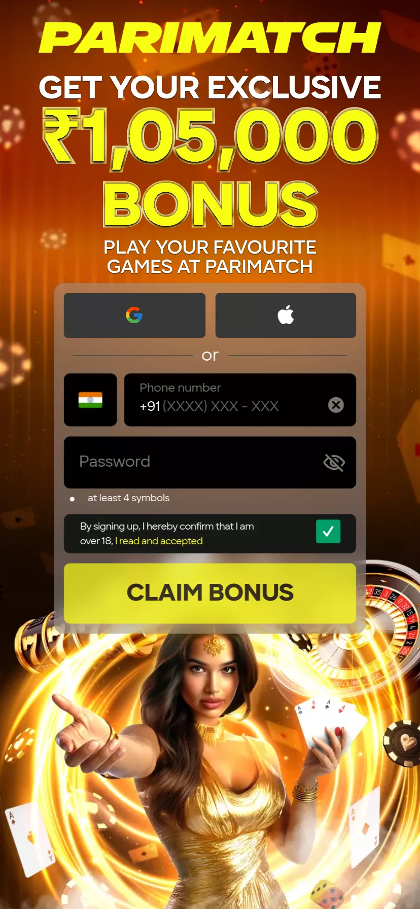 Mobile screen. PariMatch 150% up to ₹105000