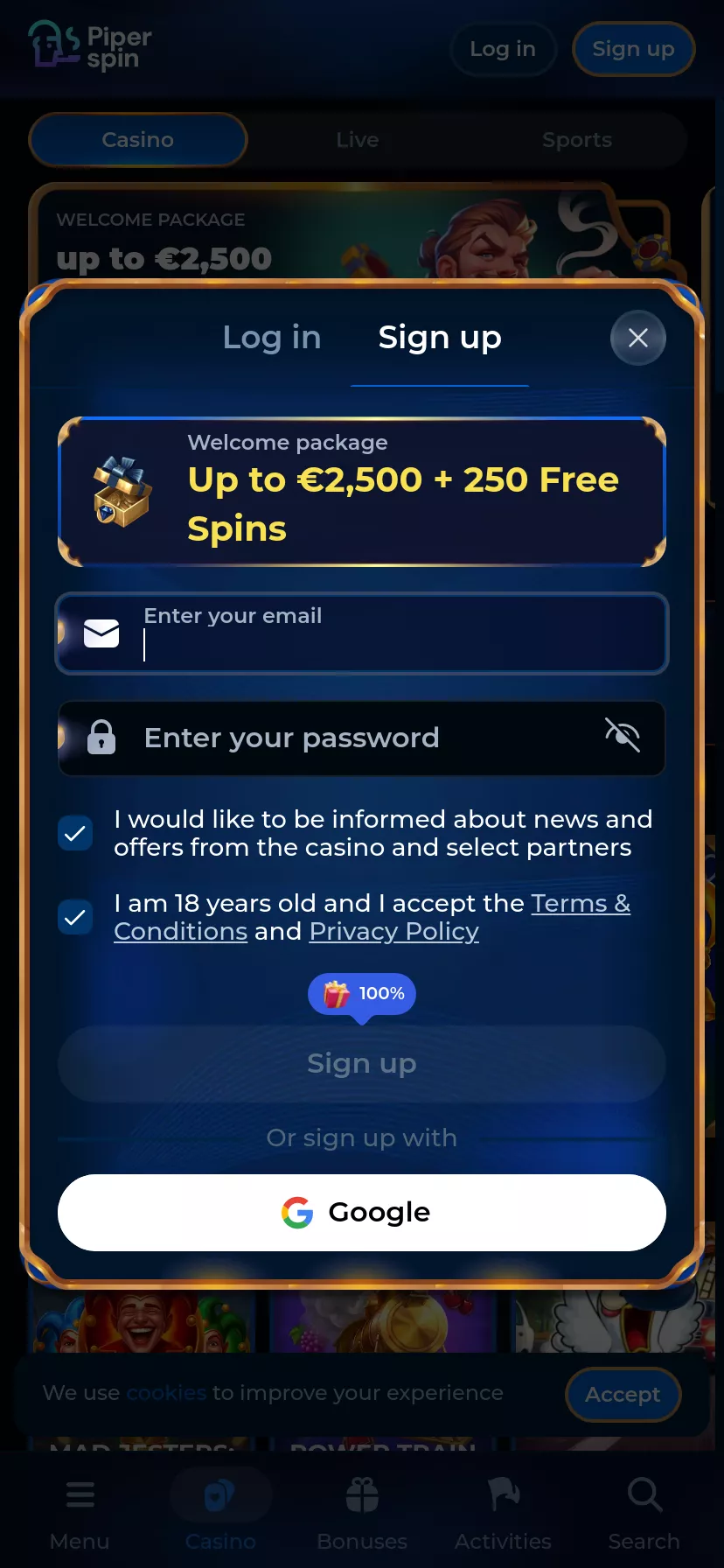 Mobile screen. Piperspin Get 50 FS
