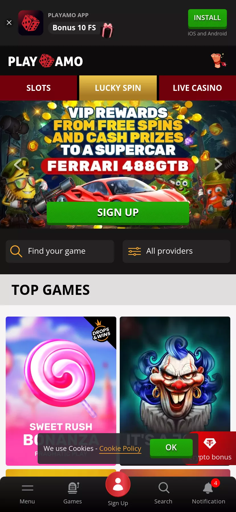 Mobile screen. Play Amo Up to $3500 + 150 FS