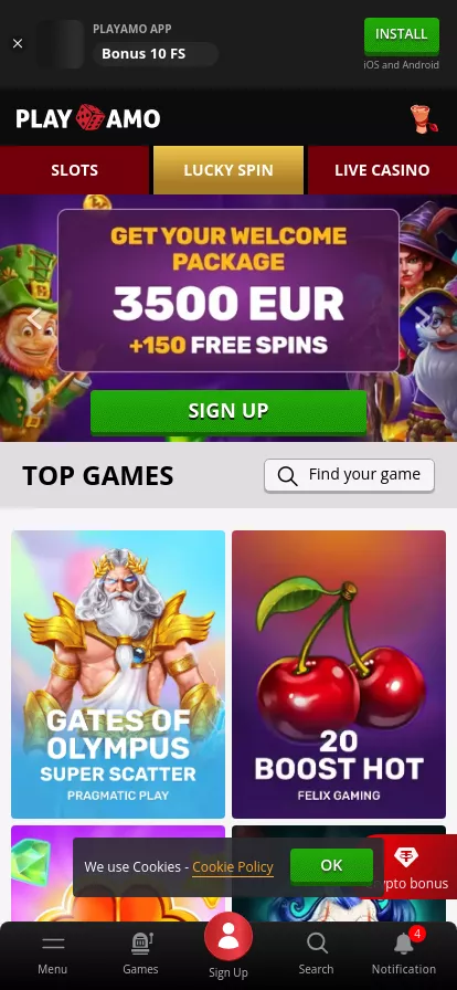 Mobile screen. Play Amo Bis zu €3500 + 150 FS