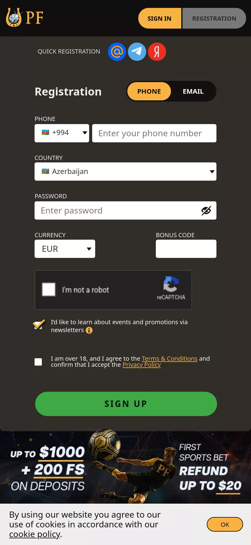 Mobile screen. Play Fortuna Up to $1000 + 200 FS