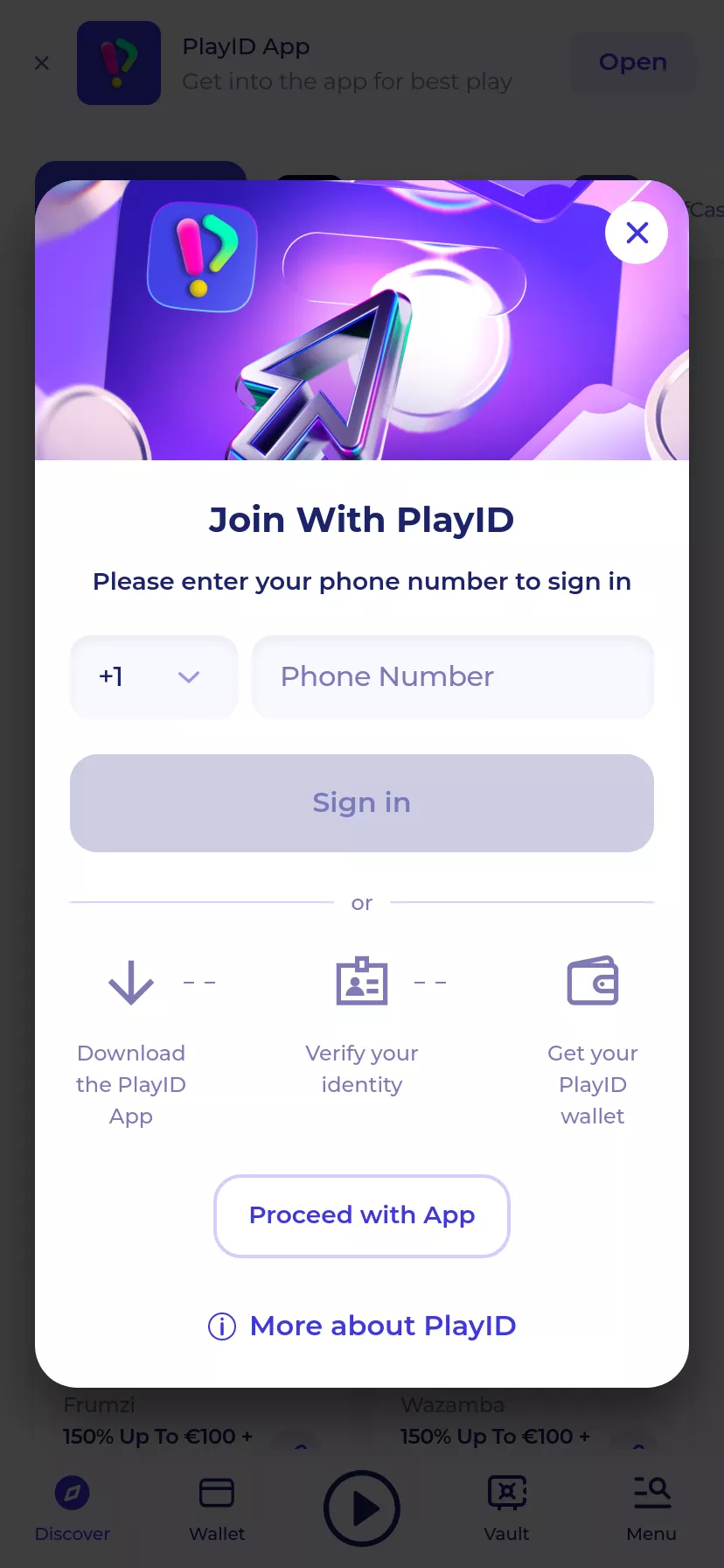 Mobile screen. PlayID Up to €10