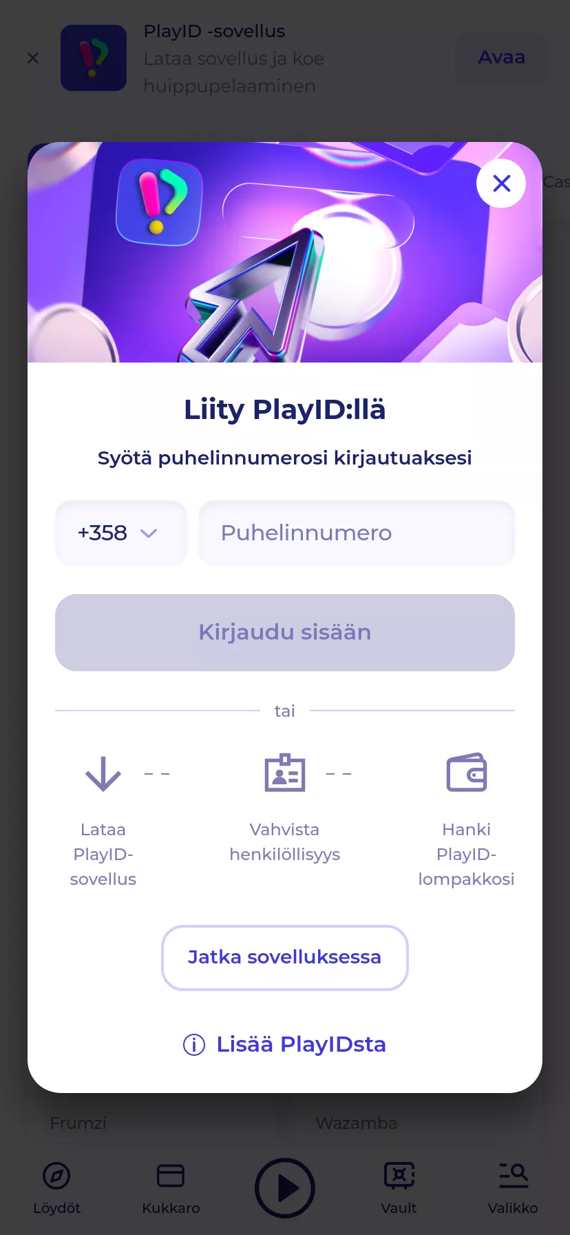 Mobile screen. PlayID Up to €10