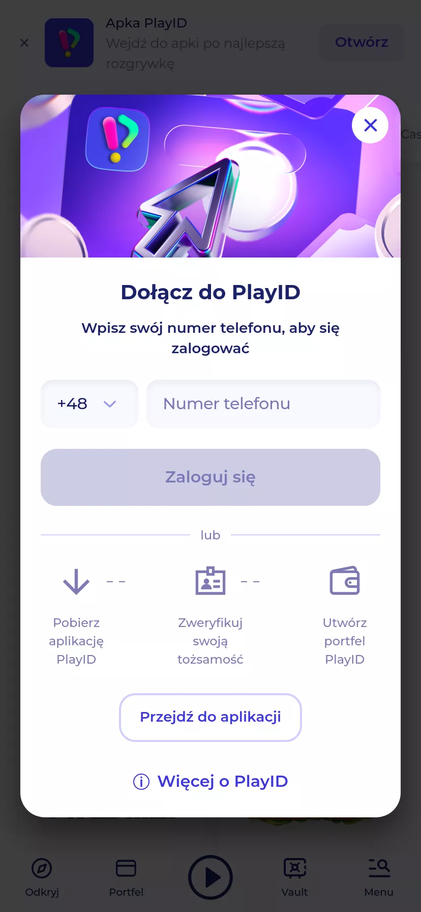 Mobile screen. PlayID Up to zł45