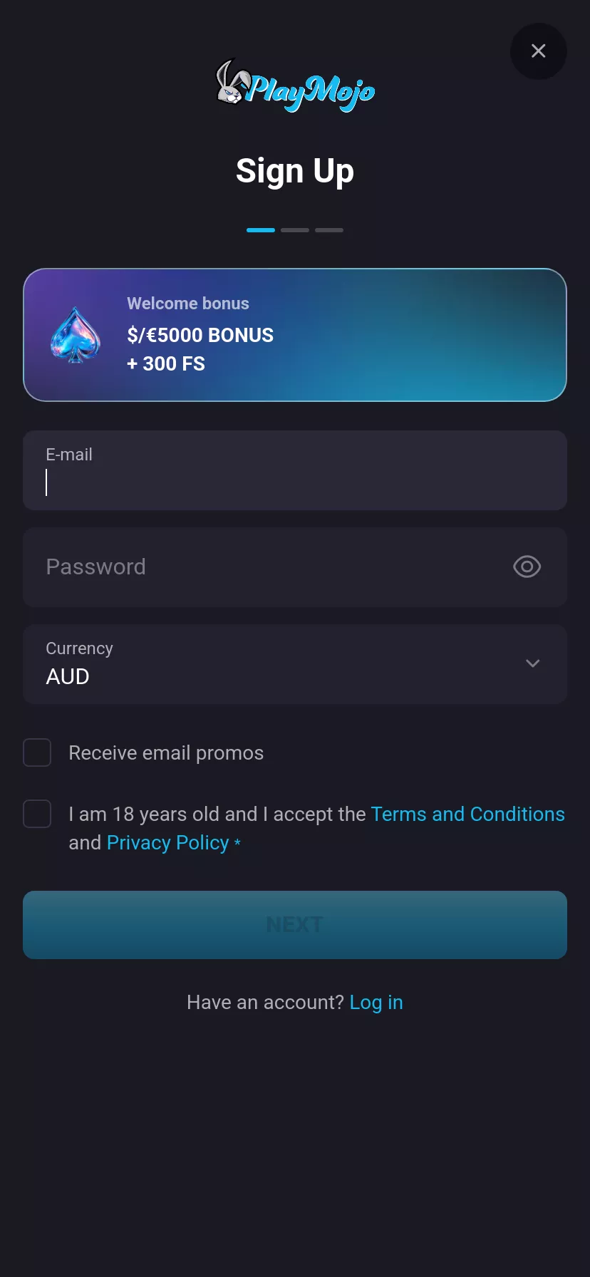 Mobile screen. PlayMojo Up to $5000 + 300 FS