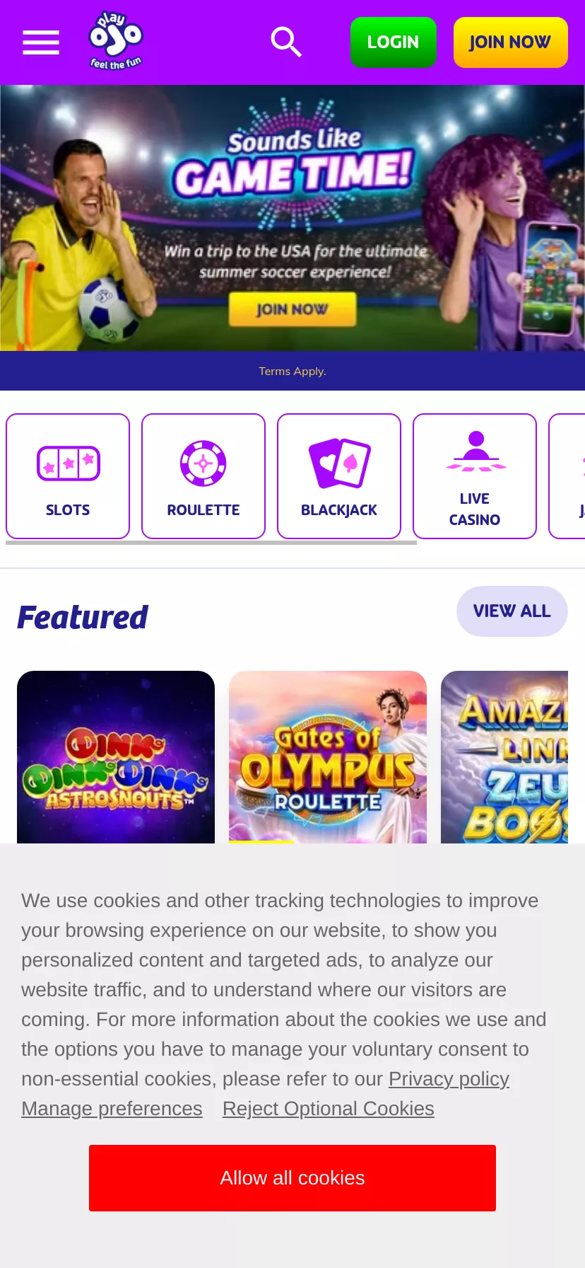 Mobile screen. PlayOJO Get 50 FS