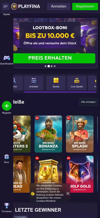 Mobile screen. Playfina Casino Up to $1000 + 600 FS
