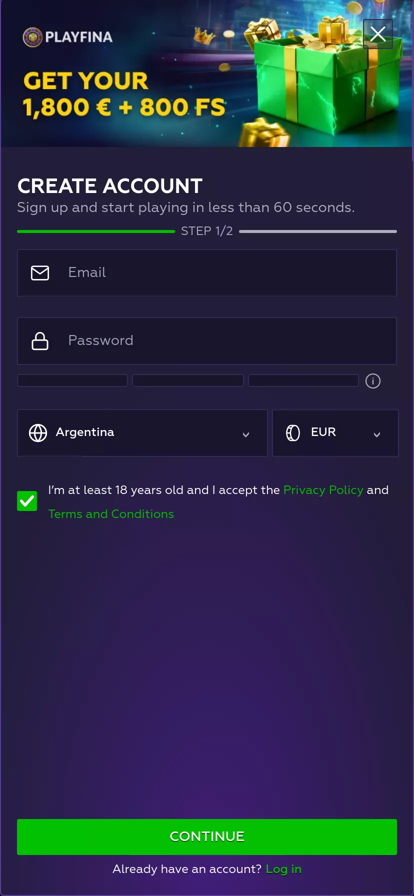 Mobile screen. Playfina Casino Up to 50%