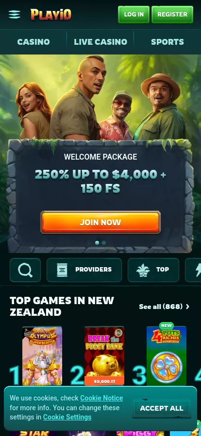 Mobile screen. Playio 100% up to NZ$1000 + 200 FS + 1 Bonus Crab