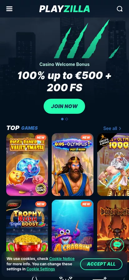 Mobile screen. Playzilla 200% hasta $100 + 500 FS