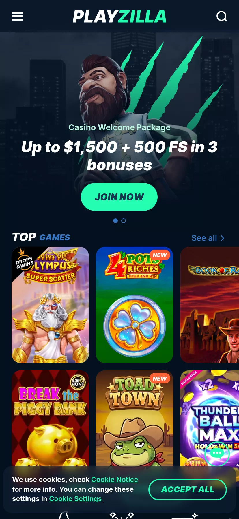 Mobile screen. Playzilla 100% up to NZ$1500 + 500 FS