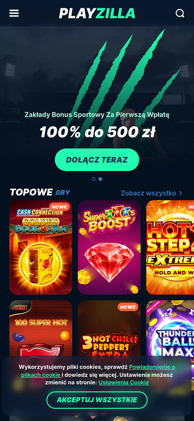 Mobile screen. Playzilla 100% up to zł2250 + 200 FS + 1 Bonus Crab