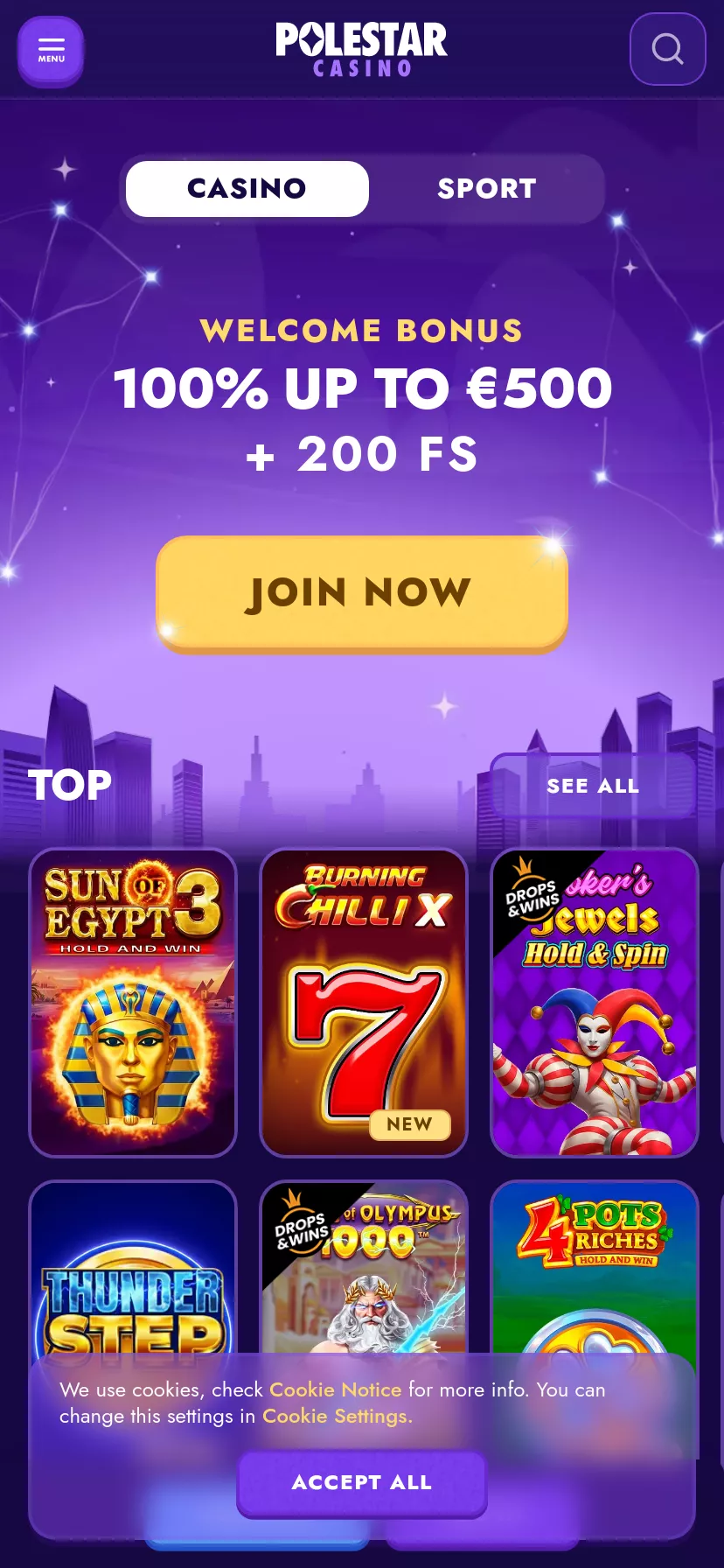 Mobile screen. Polestar Casino 100% up to $500 + 200 FS