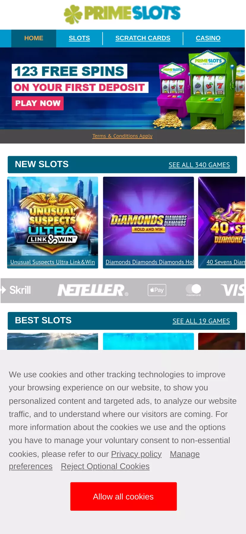 Mobile screen. Prime Slots Get 123 Free Spins